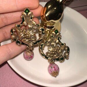 Baroque Floral Gold Tone Statement Earrings with Pink Glass Drop